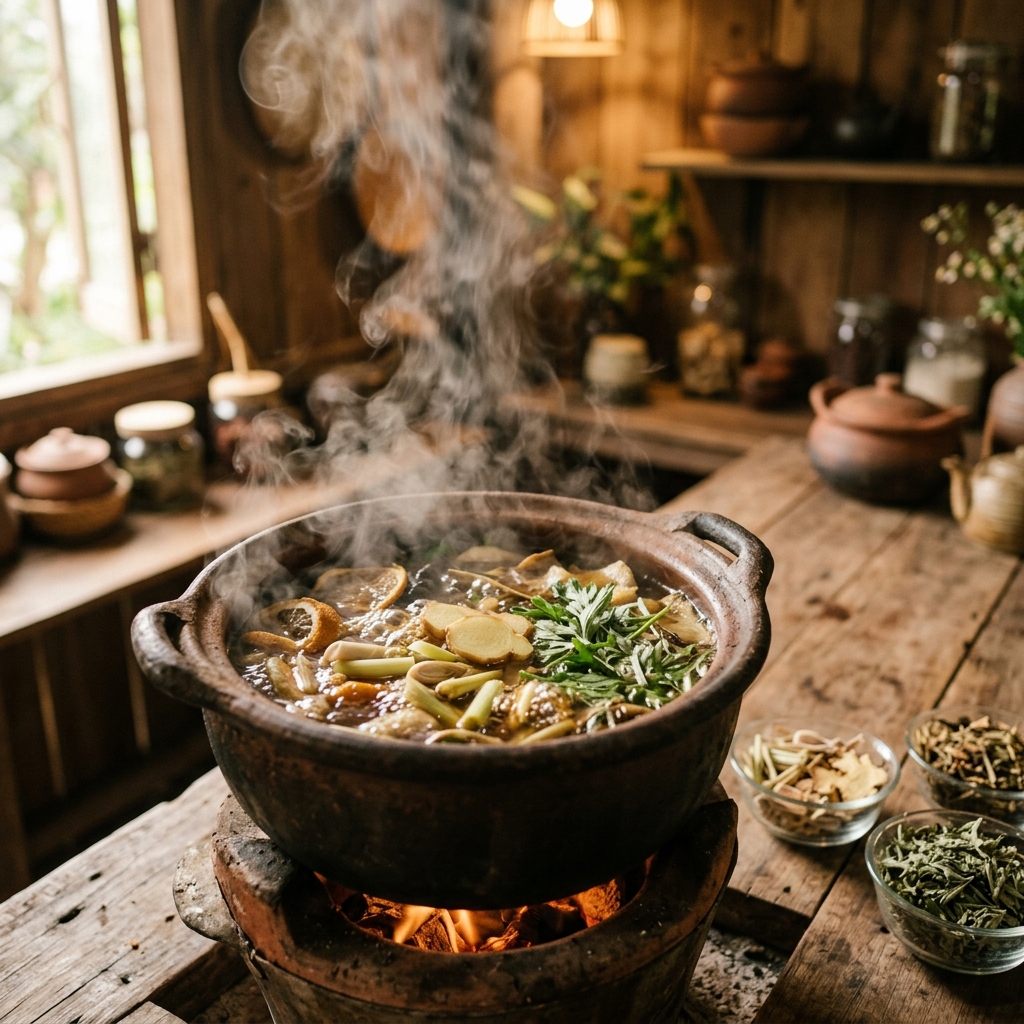 Canh thảo dược trong liệu trình gội đầu dưỡng sinh Đông y HG Mộc Bản