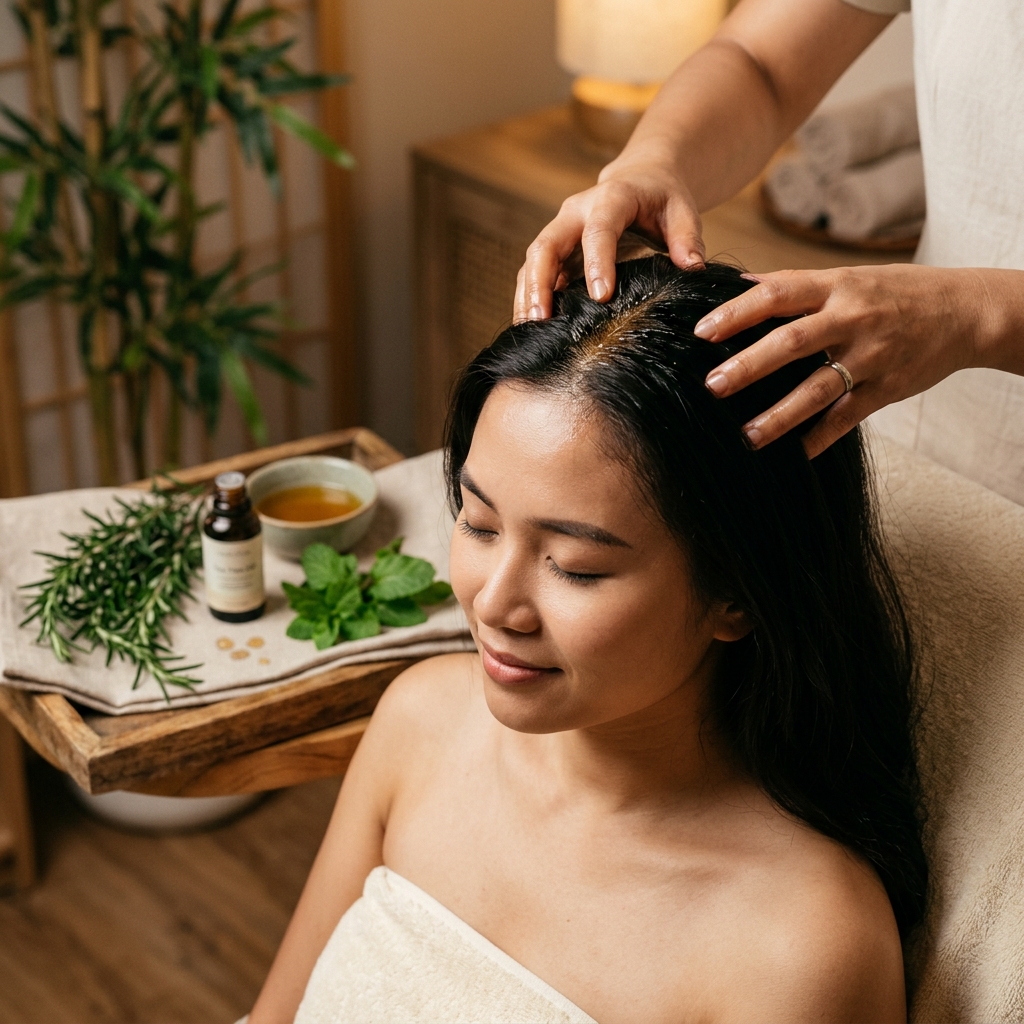 Dưỡng sinh chăm sóc da đầu căng thẳng bằng massage thảo dược