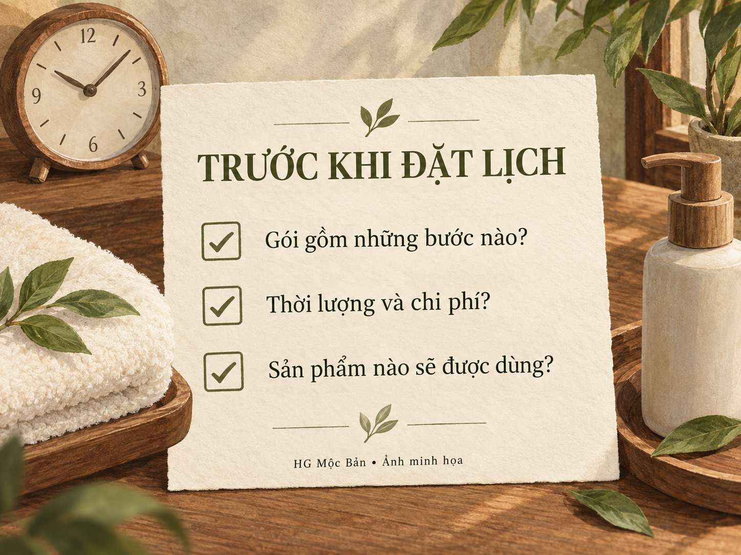 Minh họa bảng câu hỏi về các bước chăm sóc, thời lượng, chi phí và sản phẩm