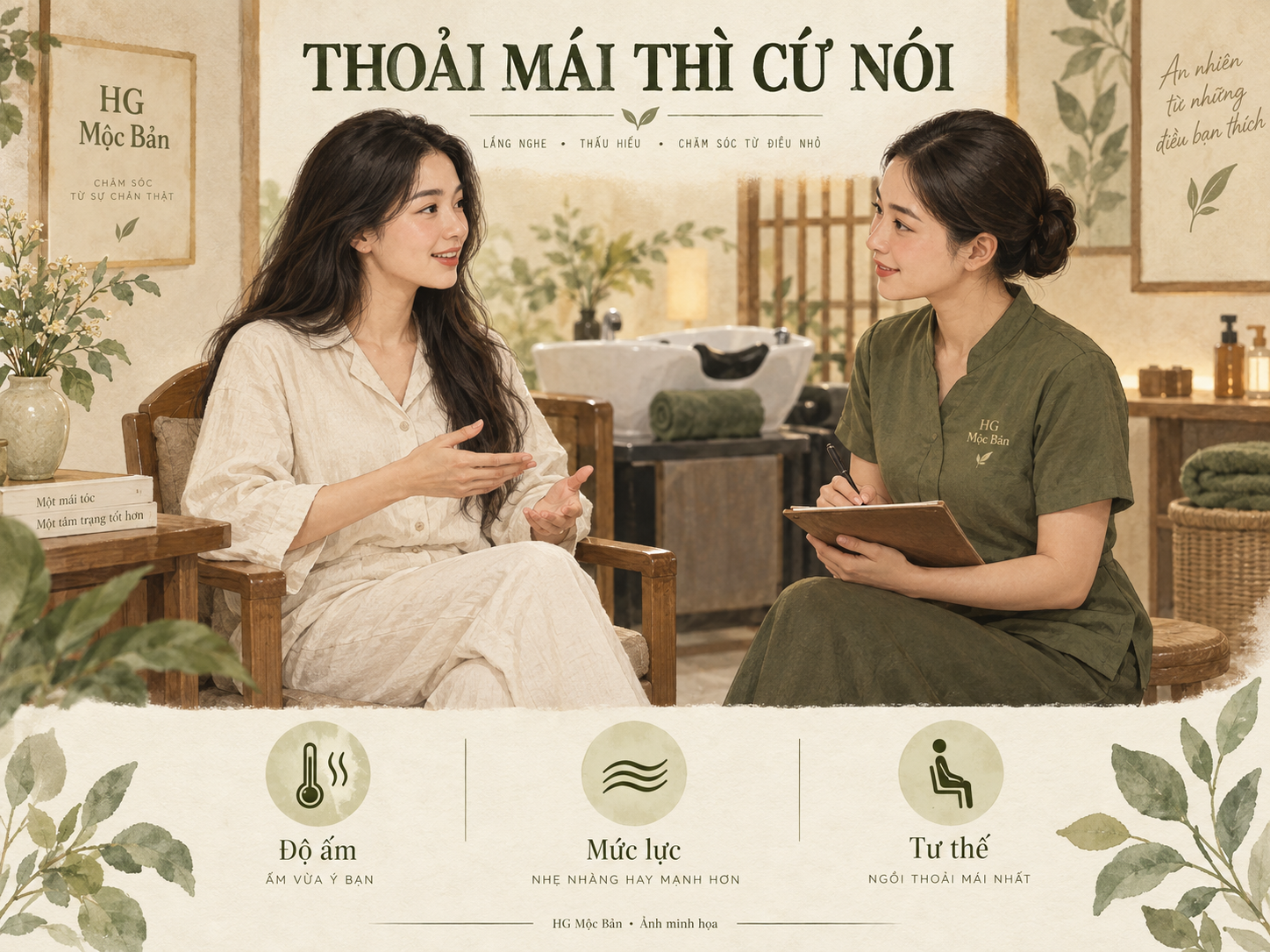 Minh họa khách trao đổi với người chăm sóc về độ ấm, mức lực và tư thế