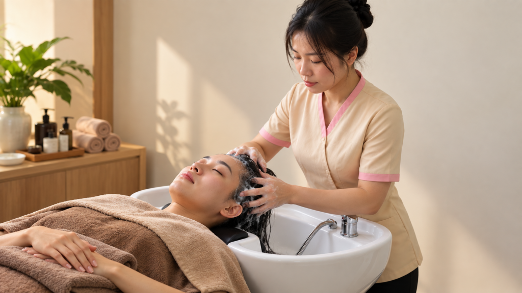 Minh họa AI buổi gội đầu dưỡng sinh tại không gian tham chiếu HG Mộc Bản, nhân vật hư cấu