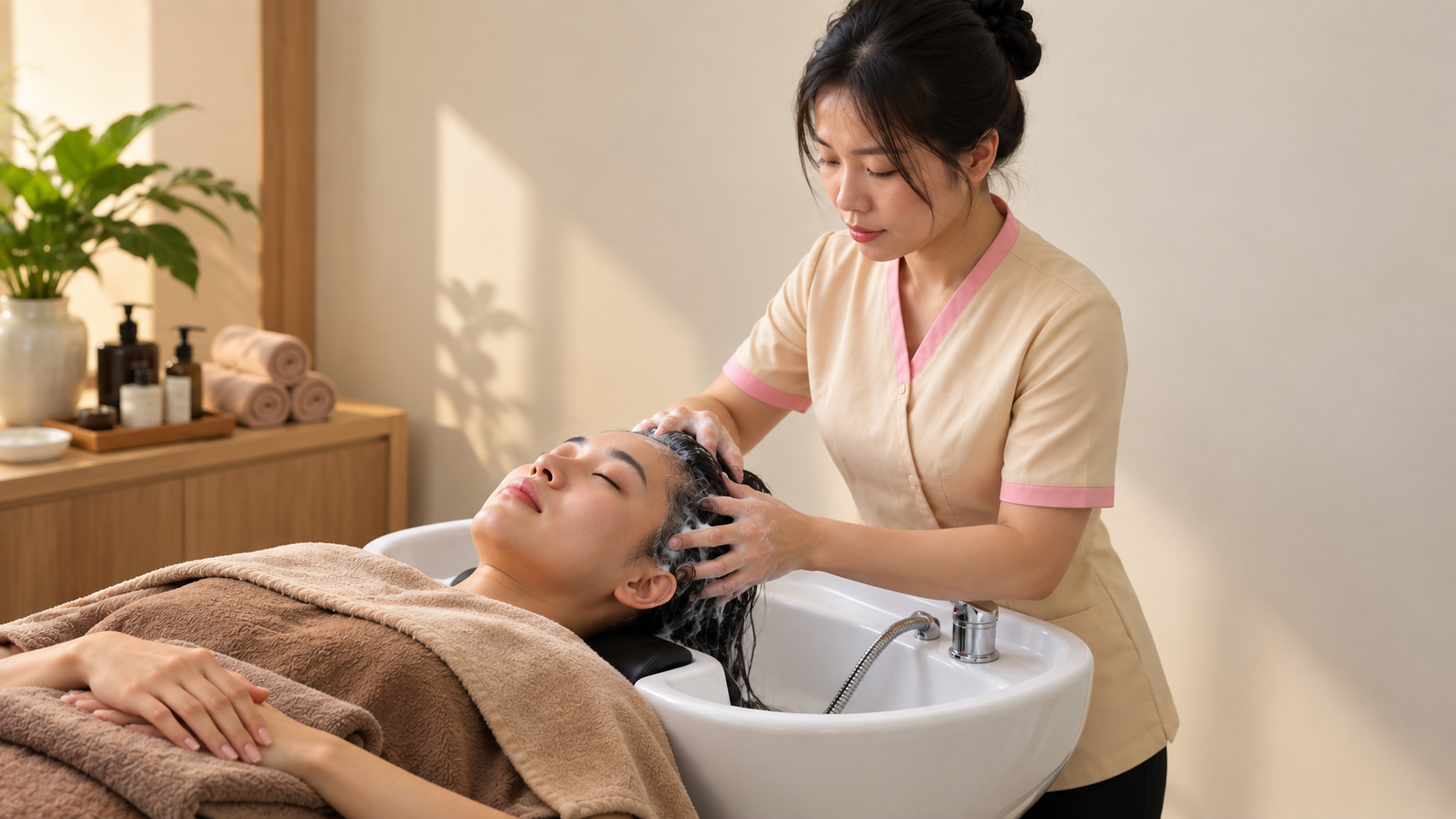 Minh họa AI buổi gội đầu dưỡng sinh tại không gian tham chiếu HG Mộc Bản, nhân vật hư cấu