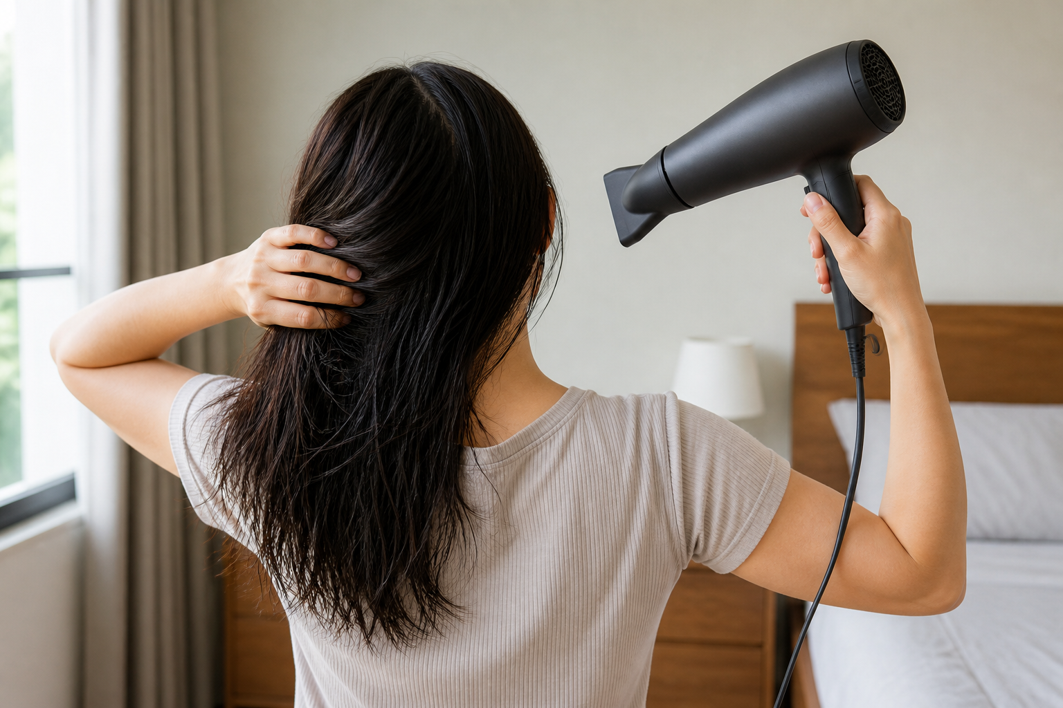 Máy sấy được giữ cách tóc khoảng 20 cm và hướng từ chân tóc xuống ngọn
