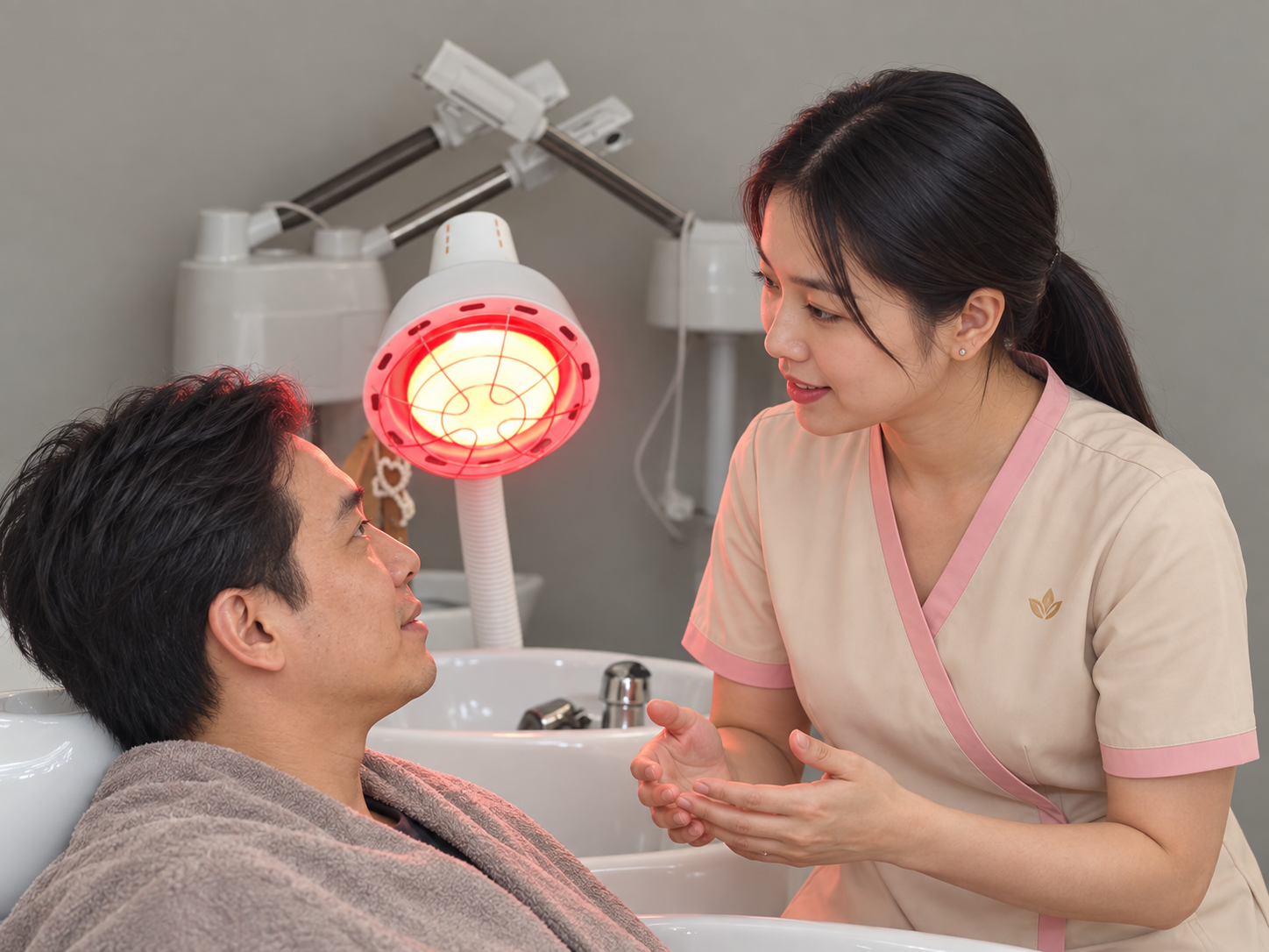Ảnh minh họa AI: nhân viên mặc đồng phục kem viền hồng trao đổi với khách cạnh bồn gội và thiết bị chăm sóc da đầu