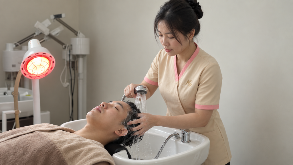 Ảnh minh họa AI: nhân viên mặc đồng phục kem viền hồng gội đầu cho khách tại bồn gội trong phòng sáng