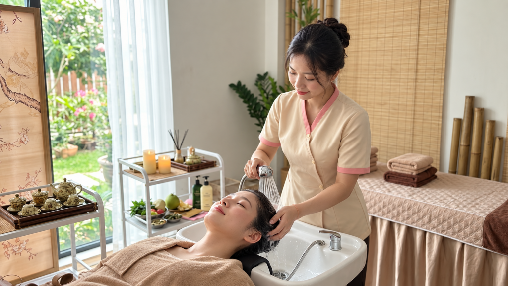 Minh họa AI buổi gội đầu dưỡng sinh tại không gian tham chiếu HG Mộc Bản, nhân vật hư cấu