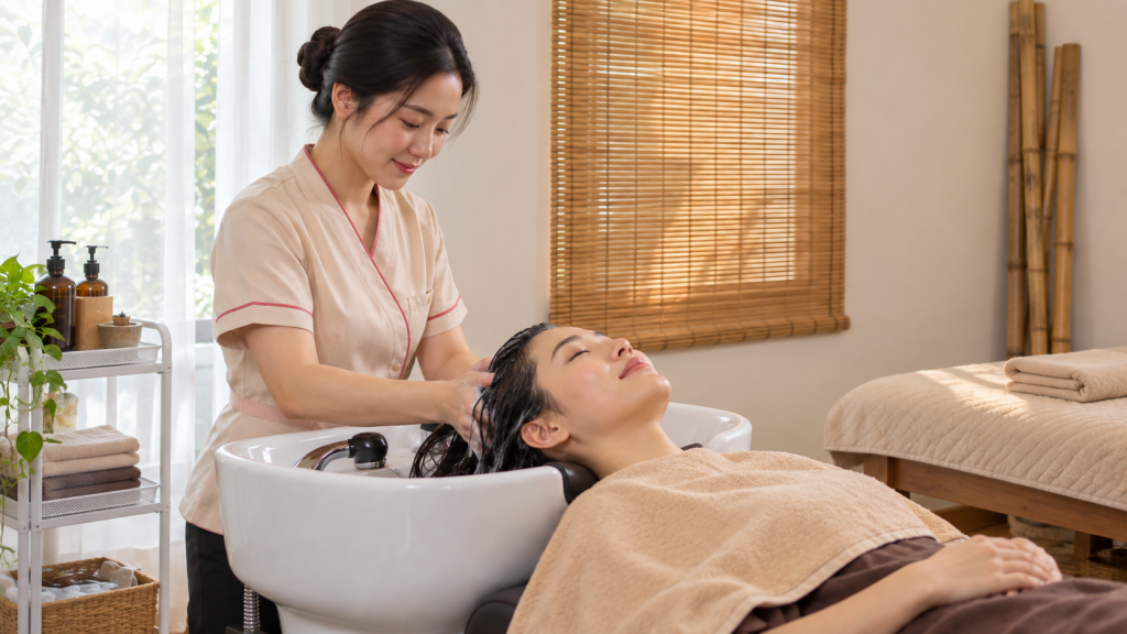 Minh họa AI nhân viên hư cấu gội đầu cho khách hư cấu bên bồn gội trắng trong không gian tham chiếu HG Mộc Bản